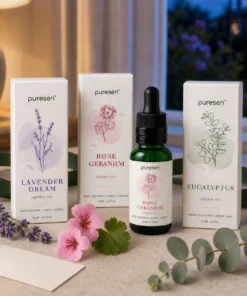 Puresen Garden at Dusk Trio gift scene with Lavender Dream, Rose Geranium, and Eucalyptus Aroma Oils