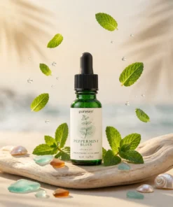 Puresen Peppermint Bliss Aroma Oil in a cool mint coastal scene