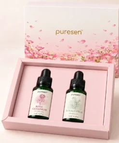Puresen Garden at Dusk two-bottle gift box with Rose Geranium and Eucalyptus Aroma Oils