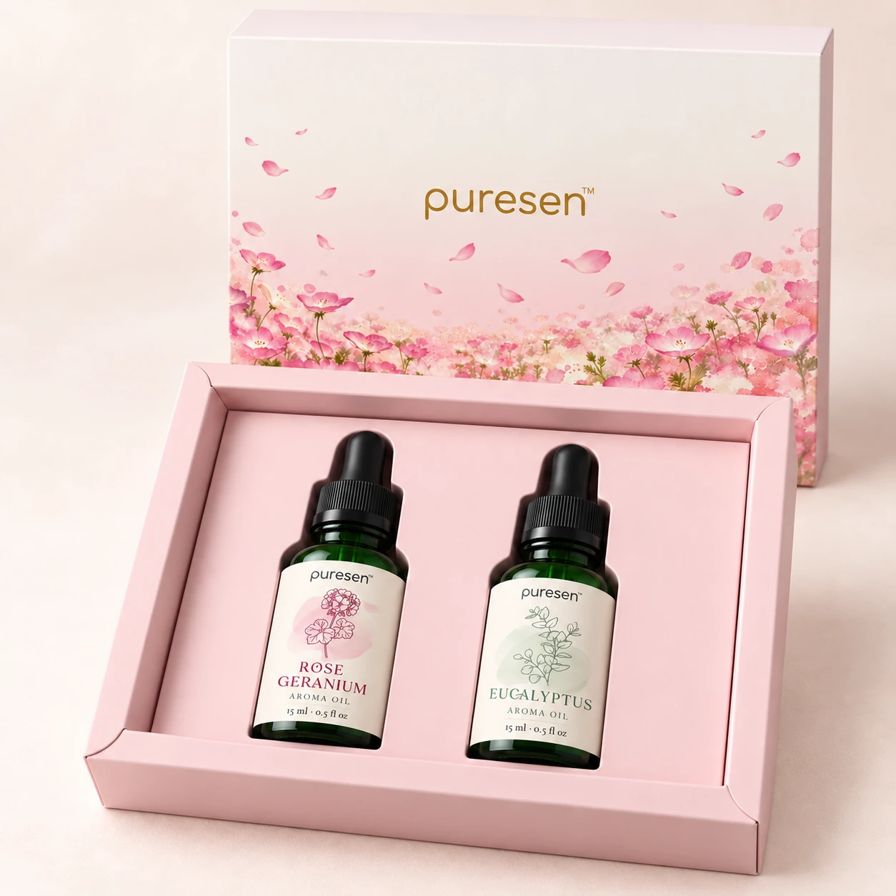 Puresen Garden at Dusk two-bottle gift box with Rose Geranium and Eucalyptus Aroma Oils