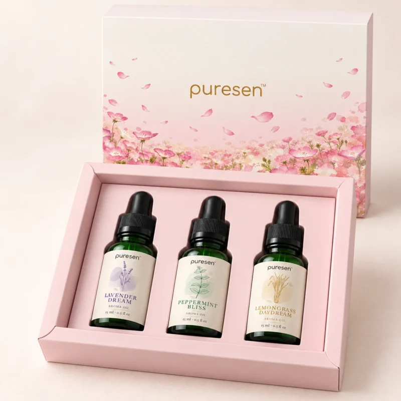 Puresen Discovery three-bottle gift box with Lavender Dream, Peppermint Bliss, and Lemongrass Daydream Aroma Oils