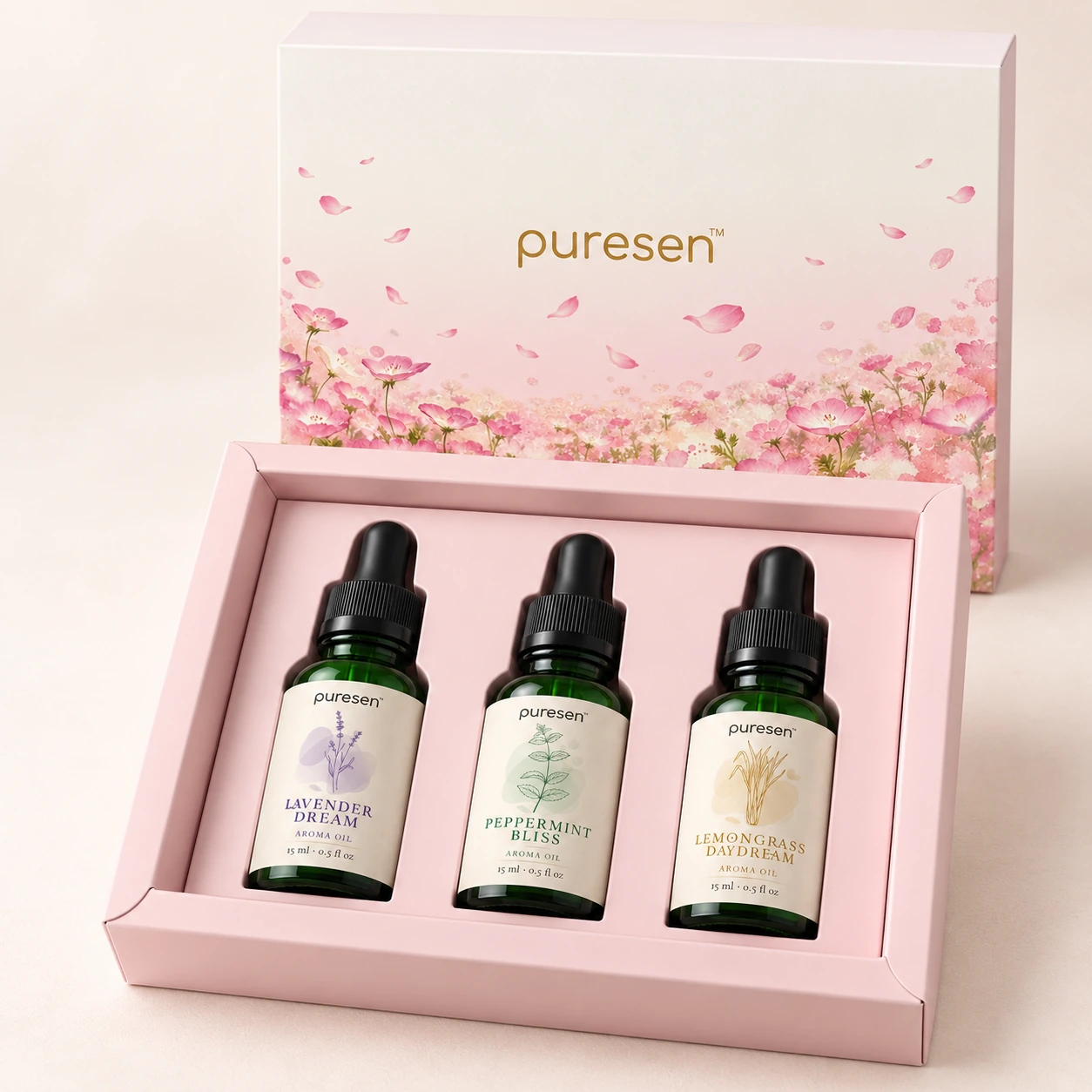 Puresen Discovery Trio aroma oil gift set in its floral pink gift box